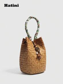 1 Peça Bolsa Tecida com Borlas de Estilo Boêmio, Casual Sacola de Praia para Férias, Bolsa de Mão para Piquenique ao Ar Livre, Adequada para Escritório, Transporte, Encontro, Compras, Lazer, Férias, Praia, Festival de Música, Festa, Casamento, Escola (A Cor Natural da Palha Pode Ter Pequenas Variações), Roupa Boêmia para Mulheres, Bolsa de Praia, Verão, Verde - Verde - Visão 4