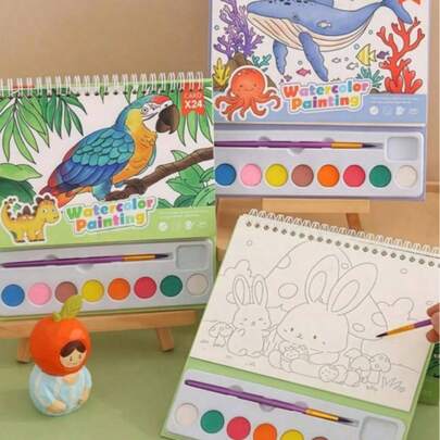 1 pieza Juego de pintura de color sin desempacar que incluye 24 tarjetas de pintura de acuarela, papel de acuarela con líneas, suministros de pintura de acuarela, suministros para amantes del arte, adecuado para regalos de Año Nuevo, fiestas, regreso a la escuela, Navidad, Halloween. Libros para colorear de acuarela a prueba de manchas para niños de 4 a 8 años, libros de pintura con agua para actividades de viaje, fiestas, regalos de cumpleaños para niños y niñas