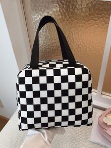 Bolso de mano grande de nailon con estampado de cuadros, bolsa de almuerzo de moda