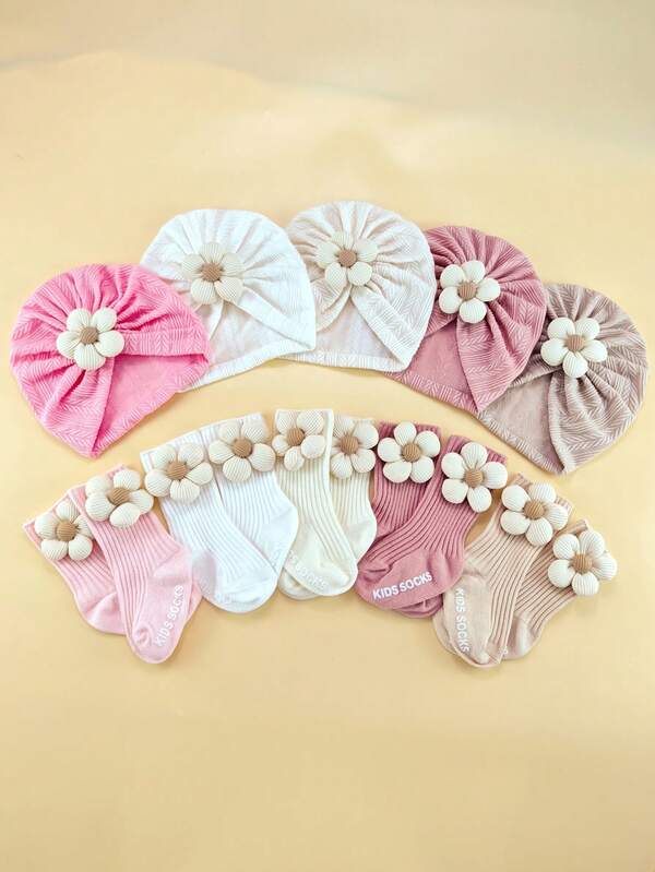 طقم قبعة وجوارب للمواليد الجدد، قبعة بشريط رأس بزهور للرضع، مناسب لجميع المواسم