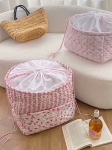 1Pc Quilted Drawstring Cuff Storage Basket With Cute Floral Bouquet Style Home Portable Laundry Hamper, Kids Fabric Foldable Dirty Clothing Laundry Hamper Collapsible, For Children's Toy Storage, Clothing Storage, Car Storage, Miscellaneous Items Storage, Quilt Storage, Doll Storage, Large Capacity, Portable, Multifunctional, Foldable, Essential For Home Decoration, Life, Dormitory, Party Gift, Birthday Gift, Back To School Gift - 彩色 - 查看 1