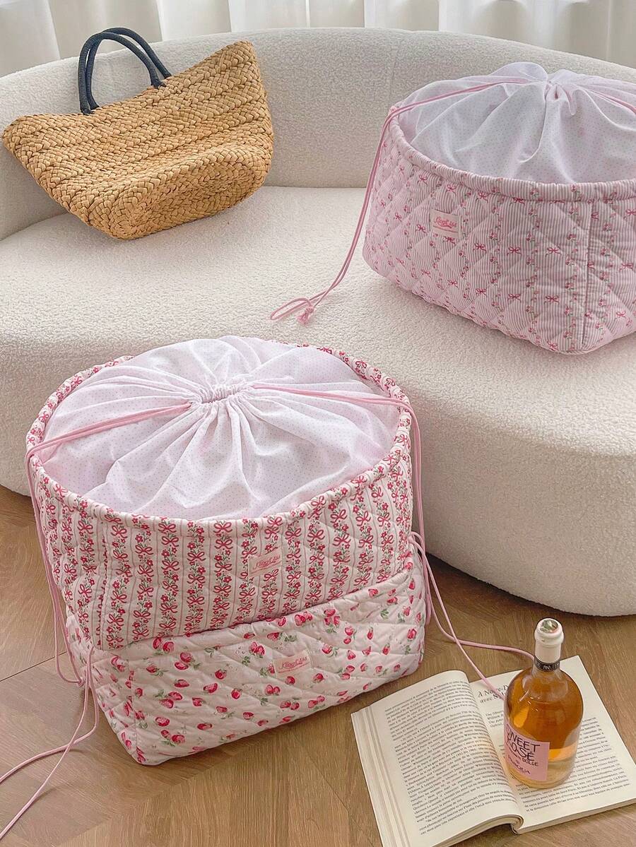 1Pc Quilted Drawstring Cuff Storage Basket With Cute Floral Bouquet Style Home Portable Laundry Hamper, Kids Fabric Foldable Dirty Clothing Laundry Hamper Collapsible, For Children's Toy Storage, Clothing Storage, Car Storage, Miscellaneous Items Storage, Quilt Storage, Doll Storage, Large Capacity, Portable, Multifunctional, Foldable, Essential For Home Decoration, Life, Dormitory, Party Gift, Birthday Gift, Back To School Gift - 彩色 - 查看 1
