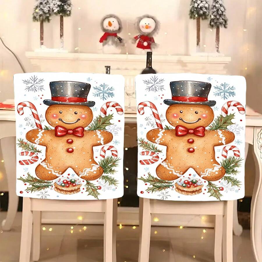 Pokrowiec na krzesło z motywem piernika, laski cukrowej, ostrokrzewu, płatka śniegu, zdejmowany krótki pokrowiec na krzesło z pluszu, ochraniacz na oparcie, odpowiedni do jadalni, salonu, biura, hotelu i wystroju domu, na każdą porę roku - Wielokolorowe - Zobacz 1