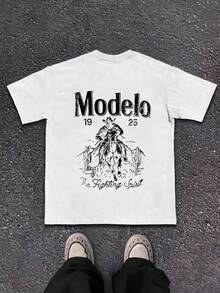 1pc Modelo Graphic Print Men's 100% Cotton T-Shirt,  Casual Sports Style Top T-Shirt,  Fashionable Street Style, Suitable For Travel And Sports Wear - 白色 - 查看 4