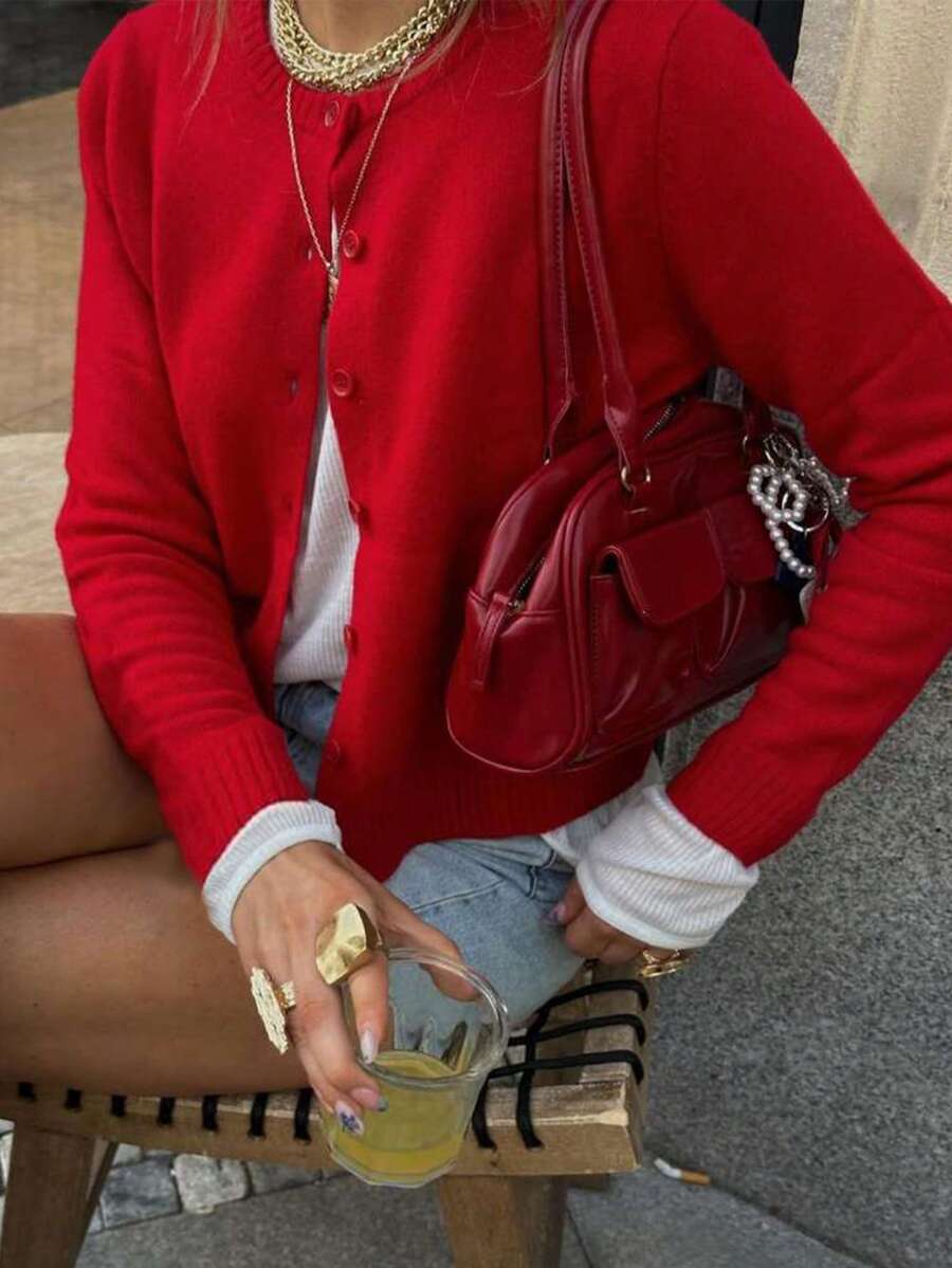 Cárdigan de punto para mujer de manga larga, cuello redondo, cierre con botones, detalles de punto acanalado, longitud regular, elástico, cárdigan rojo, suéter casual