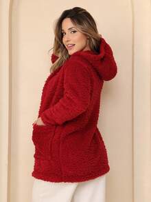 Plush Coat Teddy Blouse With Hood And Pocket - 紅色 - 查看 3