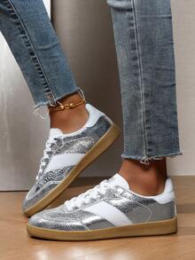 2025 New Silver Women's Sneakers - Retro Lace-Up Derby Casual Sneakers, Comfortable For Daily Wear And Party Occasions - Silver - View 3