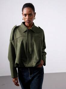 Se-Hore Women's Fashionable Versatile Velvet Collar Casual Bomber Jacket - Military Green, Autumn/Winter - Army Green - View 6