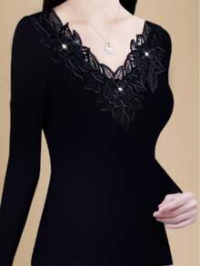 Contrast Lace V-Neck Long Sleeve Lace Trim Loose Fit Top, Flattering & Versatile - Black - View 3