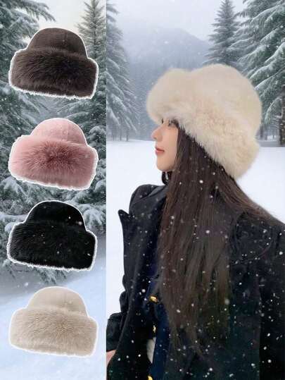 1 peça de chapéu de pelúcia feminino de inverno, chapéu grosso da moda feminina, chapéu quente de inverno, pode ser combinado com casaco de lã, roupas de inverno