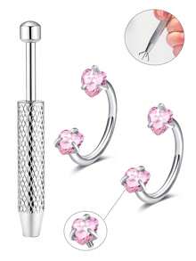 18G 2pcs Horseshoe Nose Studs, Incl. 1pc Taper Cone Ball Nose Stud, Stainless Steel Cubic Zirconia Nose Rings In White & Pink, Heart & Star Cubic Zirconia Lip/Eyebrow/Ear Studs, Unisex Gift