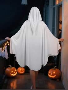 1pc Mid-Length Loose Breathable Moisture-Wicking Hooded Black & White Ghost Cloak Costume, Halloween Stage Performance White Cloak With Ghost Face Decoration, Funny Ghost Robe Outfit