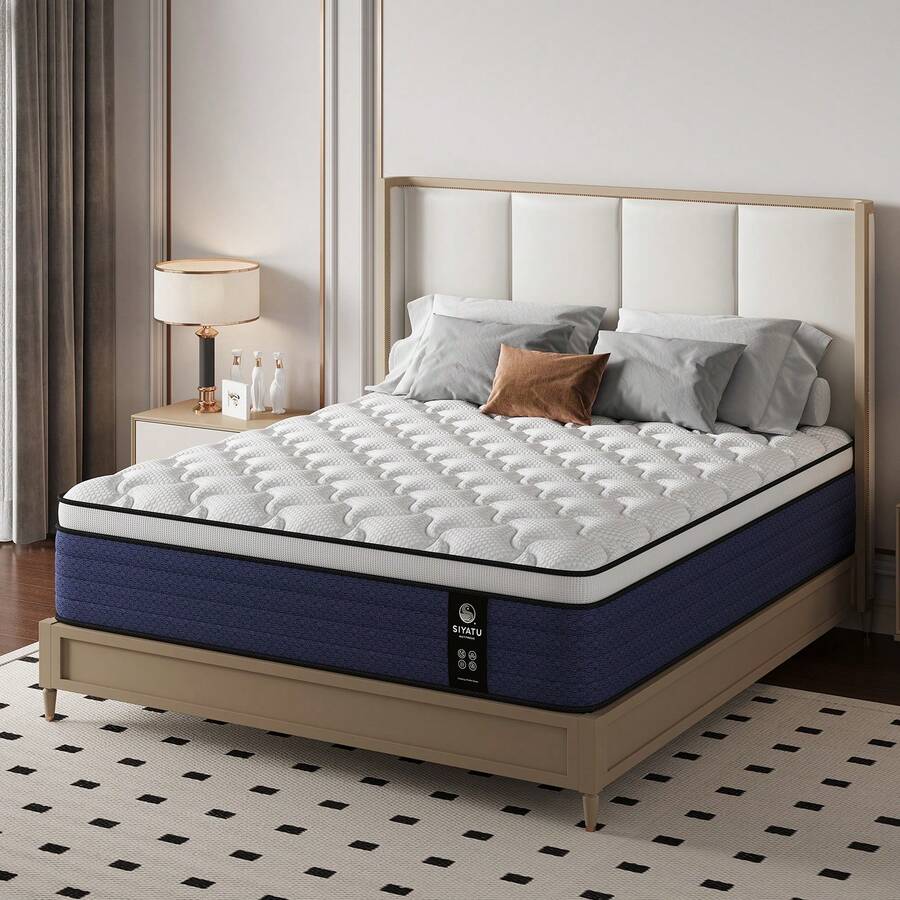 12"Queen Mattress Double Bed Full Size Queen Bed King Bed Mattress Boxed, Hybrid Pocket Spring Breathable Cotton Layer Mattress, Medium Firmness, Lumbar Support And Pressure Relief, Medium Firmness Suitable For Motion Isolation And Quiet Sleep - 藍白色 - 查看 1
