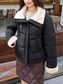Cappotto corto imbottito e chic da donna, con colletto e polsini in pelliccia sintetica, caldo, invernale, a maniche lunghe, vestibilità regular, con zip e tasche
