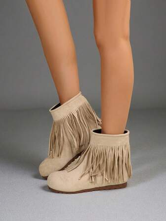 Women's Fashionable Pleated Boots, Exquisite Stitching Craftsmanship, Adorable Tassel Pendant Decoration, Ankle Boots & Booties, Fall, Winter, Autumn, Fairy-Like Chic Motorcycle Boots, Fashionable Classic Versatile Casual Ankle Boots And Short Boots, Versatile Women's Fashion Boots