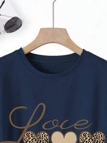 Women's Navy Blue Leopard Heart Print T-Shirt - Casual Round Neck Short Sleeve, Suitable For Valentine's Day, Ladies Top