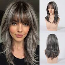 Perruque Ruili Fashion pour femme avec frange, perruque mi-longue légèrement bouclée, coiffe complète en soie haute température - Gris - Voir 1