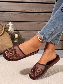 2025 New Handmade Beaded Fine Mesh Slip-On Slippers, Suitable For Indoor And Outdoor Wear - Brown - View 4