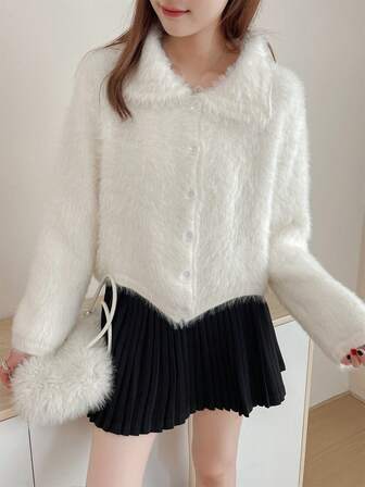 Women's Faux Fur White Sweater, Slouchy Fluffy Short Knitted Cardigan Jacket, Autumn/Winter