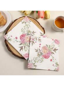 20pcs Elegant Spring Floral Paper Napkins, Pink Rose & Green Leaf Design, 2-Ply, More Durable - Perfect For Weddings, Birthdays, Valentine's Day, Easter Celebrations, Spring/Summer Parties | Vibrant Table Decor | Decorative Napkins - White - View 2