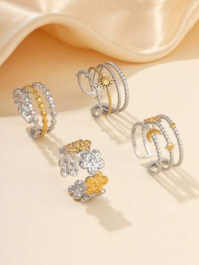 4件套不锈钢金色星月关节戒指，适合日常佩戴或作为礼物送给朋友