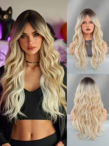 24 Inch Long Wavy Beige Blonde Highlight Wig With Curtain Bangs For Women Heat Resistant Fiber Hairpiece With Dark Roots,Natural Synthetic Full Machine Hair Wigs For Daily Music Festival Party Wear, Cosplay Halloween & Street Photography Use - 亞麻金 - 查看 2
