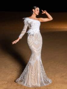 Faeriesty Glamour Luxury One-Shoulder Mermaid Evening Gown With Sequin, Sequins Accents – Geometric Patterns, Slim-Fit Fish-Tail Silhouette For Weddings, Red-Carpet Events, Evening Galas & Luxurious Dinners - Apricot - View 9