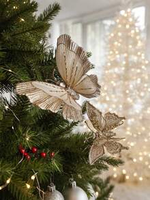 2 piezas Adornos de mariposa con purpurina en forma de árbol de Navidad, decoraciones navideñas de mariposa de tela dorada, mariposa 3D hueca simulada con clips, decoración colgante de pared de mariposa pastel de Navidad para árbol de Navidad, corona, accesorios para el cabello, decoraciones colgantes del árbol de Navidad, decoración de guirnalda, adecuado para fiesta de boda, manualidades navideñas, decoración del hogar, tocados, accesorios de fotografía y decoración del hogar