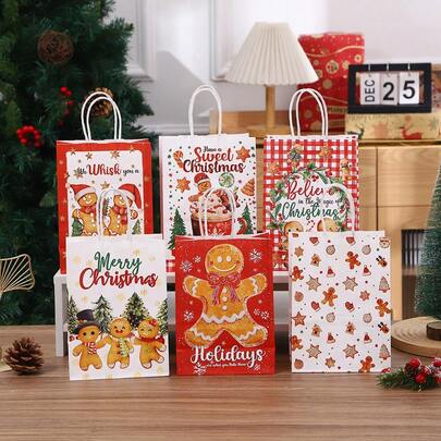 6/12pcs/Set Gingerbread Man, Santa Claus, Christmas Tree, Snowman Printed Kraft Paper Gift Bags, Suitable For Christmas, New Year Gifts Packaging And Decoration