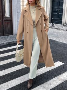女式口袋纯色双排扣长款风衣，女式秋季服装 - 卡其色 - 查看 8