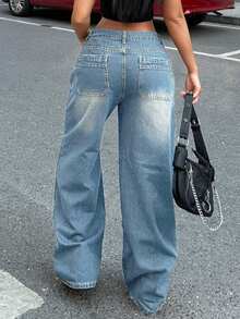 女式宽松直筒复古风男友风牛仔裤