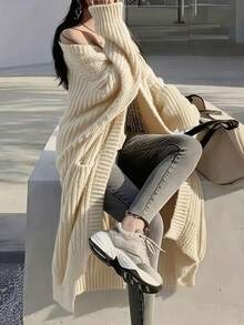 Cárdigan de punto de corte relajado, largo hasta la rodilla, para mujer, otoño/invierno Cárdigan de punto versátil, holgado, de manga larga - Albaricoque - Ver 4