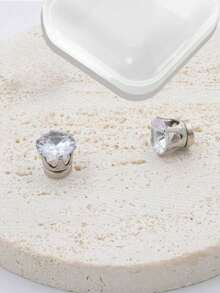 2 件简约 6 爪锆石耳环，不锈钢镶嵌珠宝，夹式耳环，适合男女日常佩戴 - 銀色 - 查看 6