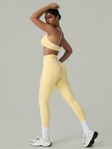 2 PCS CO Ord Set Spring And Summer Women Fashion White Line Yoga Sports Bra And Legging - 黃色 - 查看 6