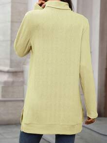 Womens Knit Tops Fall Long Sleeve Turtleneck Solid Color Slit Hem Casual Pullover Sweater - Yellow - View 6