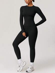 NcmRyu 1套女士弹力紧身简约圆领提拉塑身性感健身瑜伽户外运动套装 - 黑色 - 查看 9