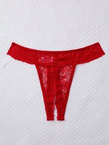 2 件花卉蕾丝内衣套装，开杯文胸和开裆丁字裤，性感女士内衣和睡衣套装，坏蛋造型 - 紅色 - 查看 4