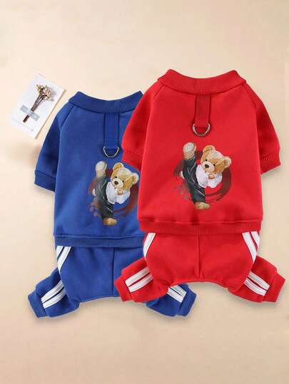 Hanorac cald, îngroșat, cu 4 picioare, cu model de ursuleț de pluș, pentru câini și pisici de talie mică, lesă de exterior potrivită pentru toamnă/iarnă