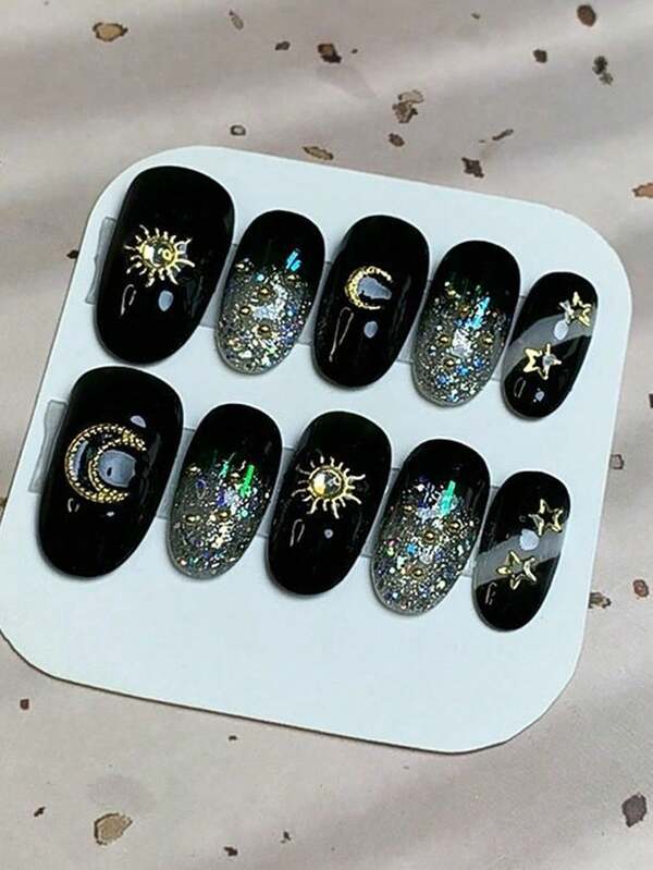The Hot Girl Sweet And Cool Style 10-Piece Medium And Long Oval Three-Dimensional Golden Star And Moon Jewelry Decoration, With Small Gold Beads As Embellishments, Shiny And Delicate Hot Girl False Nails. This Fashionable Nail Decoration Set Covers The Entire Nail And Fake Pieces, Making It Suitable For Daily Wear At Parties And Dances. Reusable. Give Jelly Glue And Nail Files As Gifts.