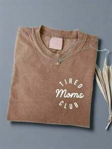 Men's 230g Washed Vintage Cotton-Shirt - Tired Moms Club Graphic Print, Casual Short Sleeve Round Neck Tee, Funny Mother's Day Women, Washable Summer Top, Casual Attire |   Playful Print |   Durable Fabric - Cà phê nâu - Xem 1