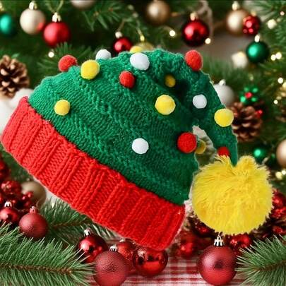 Men's Striped Warm Cute Hat, Suitable For Christmas