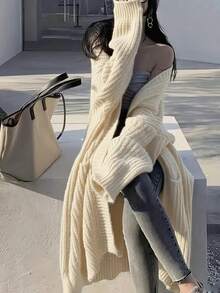 Cárdigan de punto de corte relajado, largo hasta la rodilla, para mujer, otoño/invierno Cárdigan de punto versátil, holgado, de manga larga - Albaricoque - Ver 3