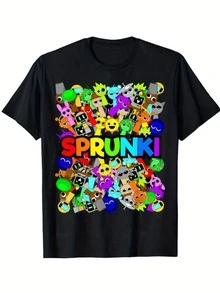 Boys' Sprunki Collection Wenda Gray Brud Simon Oren Pinki T-Shirt - Breathable Cotton, Moisture-Wicking, Casual Crew Neck Short Sleeve Tee With Colorful Cartoon Graphics For Everyday & Streetwear Fashion, Boy T-Shirts - 黑色 - 查看 1