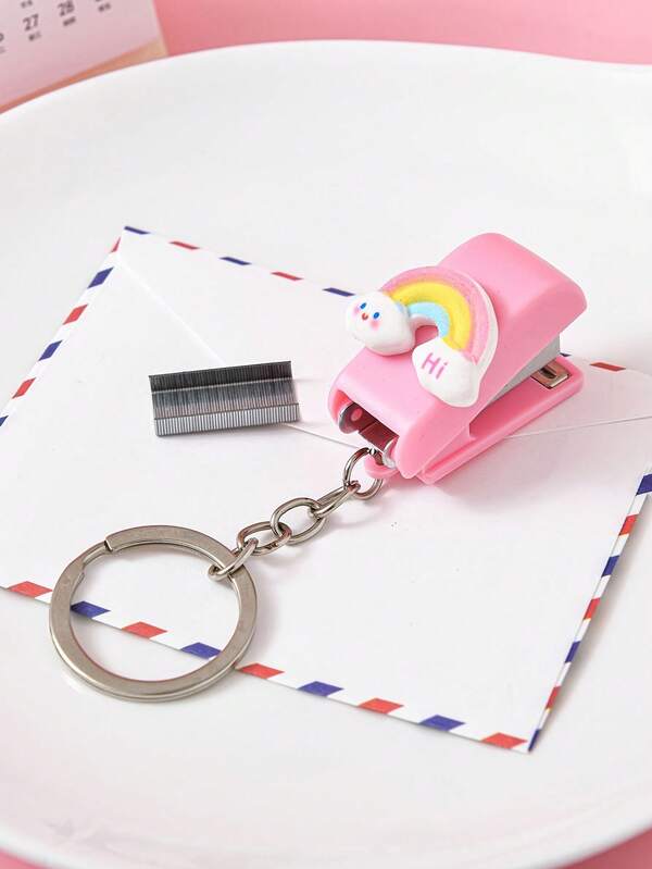 1-Pack Mini Portable Stapler With Keychain - Cute Weather Design (Sun, Clouds, Rainbow) For Office & School Supplies, Easy To Carry, Pastel Colors, Whimsical Patterns, Cute Staplers For Desk, Keychain Accessories, Playful Design, Desktop Decoration, Compact & Lightweight For Office