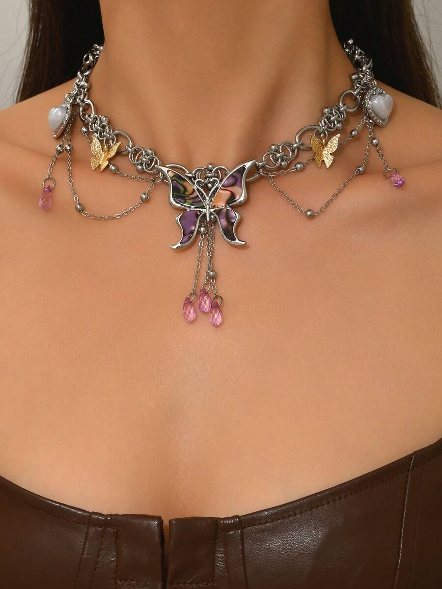 1pc Y2K Chinese Punk Subculture Charm Butterfly & Heart Pendant Necklace, Thick Chain Layered Design, Suitable For Women's Party, Music Festival, Daily Wear, Gathering - Multicolor - View 1
