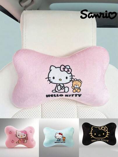 Sanrio Hello Kitty Auto Nackenkissen, Plüsch Knochen Kissen für Autositze, angenehm, hautfreundlich und atmungsaktiver Oberflächenstoff, passt zum Nacken, entlastet den Nacken, einfach zu installieren, geeignet für alle Modelle, süßer Cartoon Rückenkissen