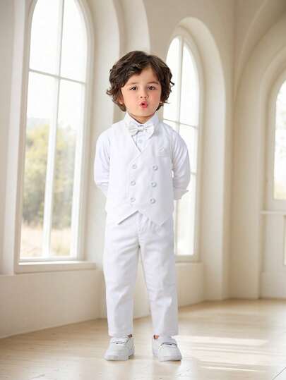 BOARNSEORL Conjunto de 3 piezas de ropa de caballero para niños pequeños: camisa de manga larga blanca con moño, chaleco blanco y pantalones, elegante y atractivo, adecuado para fiesta de cumpleaños, evento formal, boda, celebración