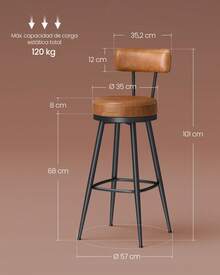 VASAGLE EKHO Colección - Juego de 2 Taburetes de Bar, Sillas Giratorias de Barra con Respaldo, Cuero Sintético con Costuras, Moderno Siglo Medio, Altura 76 cm, Barra Cocina, Marrón Caramelo - Granate - Ver 7
