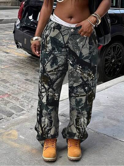 女士街头户外运动迷彩工装直筒牛仔裤