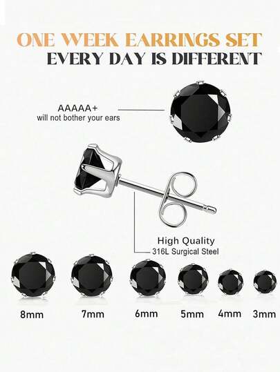 2pcs Stainless Steel Black Zirconia 6-Prong Small Stud Earrings, Super Shiny Cubic Zirconia Earrings, Hypoallergenic Titanium Steel Ear Bone Studs, Fashionable Casual Pierced Earrings, Unisex 3-8mm Ear Bone Studs, Stylish & Elegant, Suitable For Daily Wear And Parties